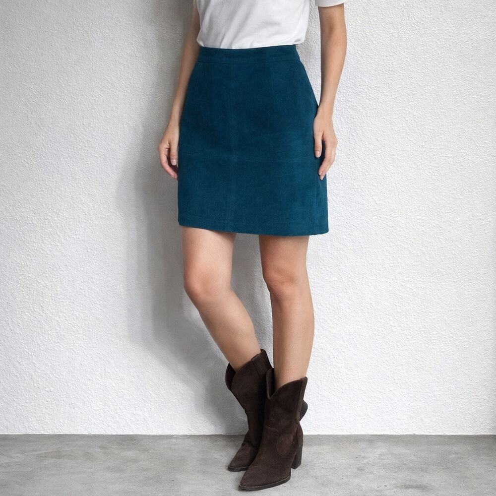 Fashion House Teal Suede Leather High Waist Mini Skirt Vintage Sz 10 - Picture 10 of 12
